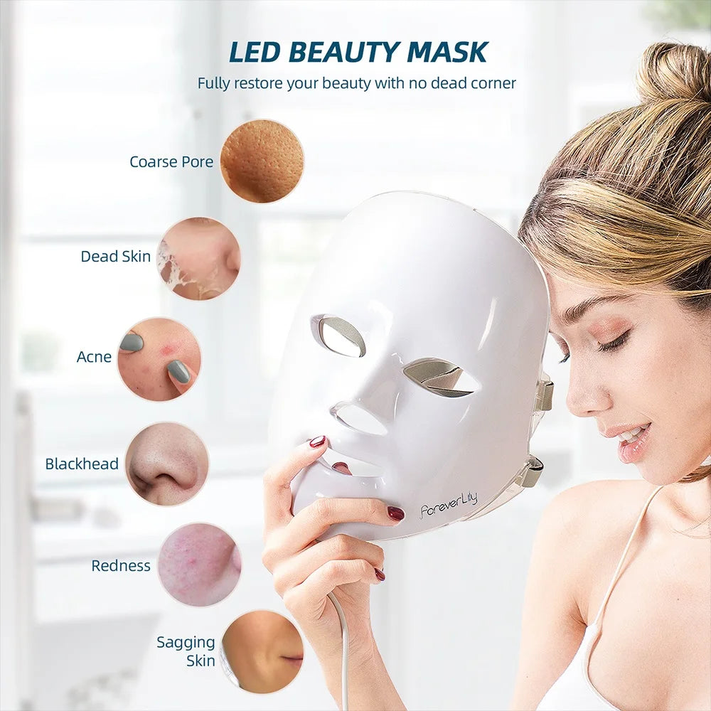 Foreverlily Gift Box 7 Colors LED Facial Mask Photon Therapy Brightening Face Skin Rejuvenation Acne Care Tools Anti-Wrinkle
