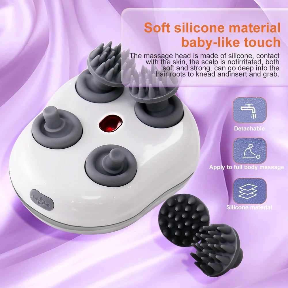 Head Scalp Massager with 4 Kneading Massage Heads Body Massager for Hair Growth Stress Relax Red Light Nourishes Hair Tools