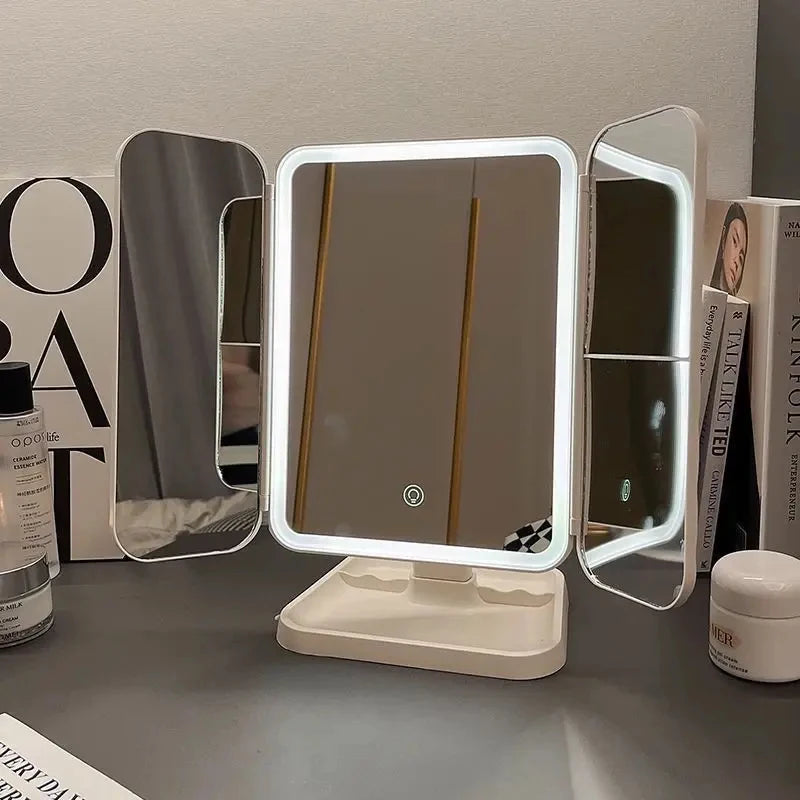 LED Makeup Mirror Desktop with Light, Ins style，Three-sided Folding, Dormitory Desktop, Beauty and Bedroom Dressing Mirror，