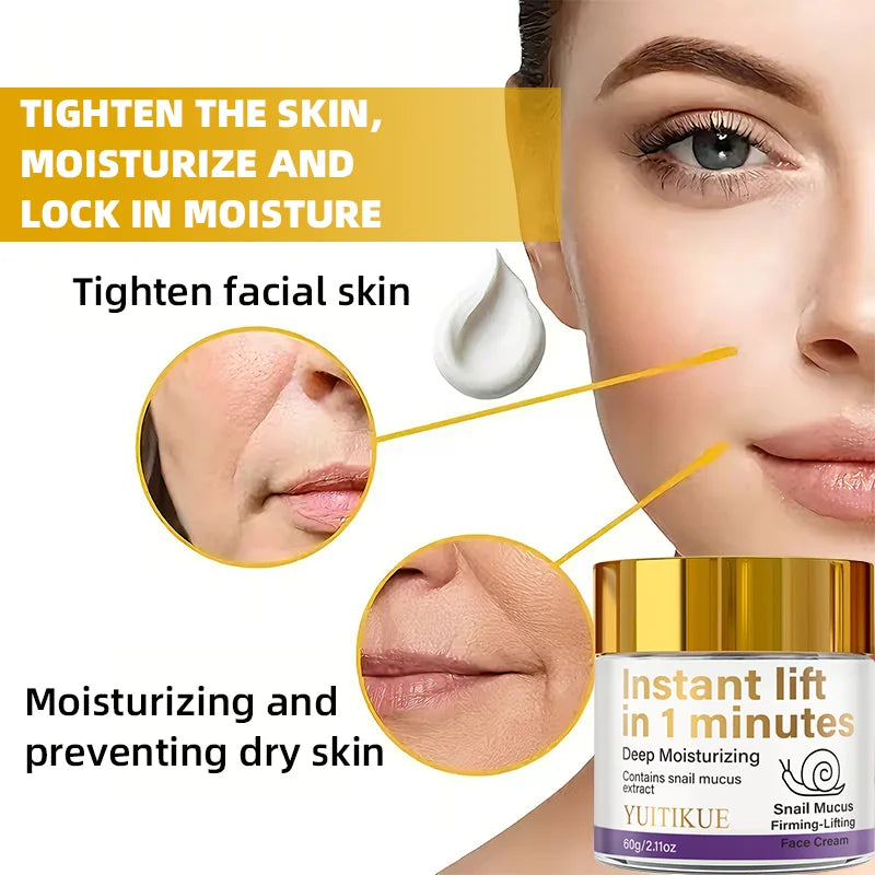 Snail Mucin Firming Cream Instantly Lifts Within 1 Minute, Deeply Moisturizes, and Contains Snail Mucin Extract