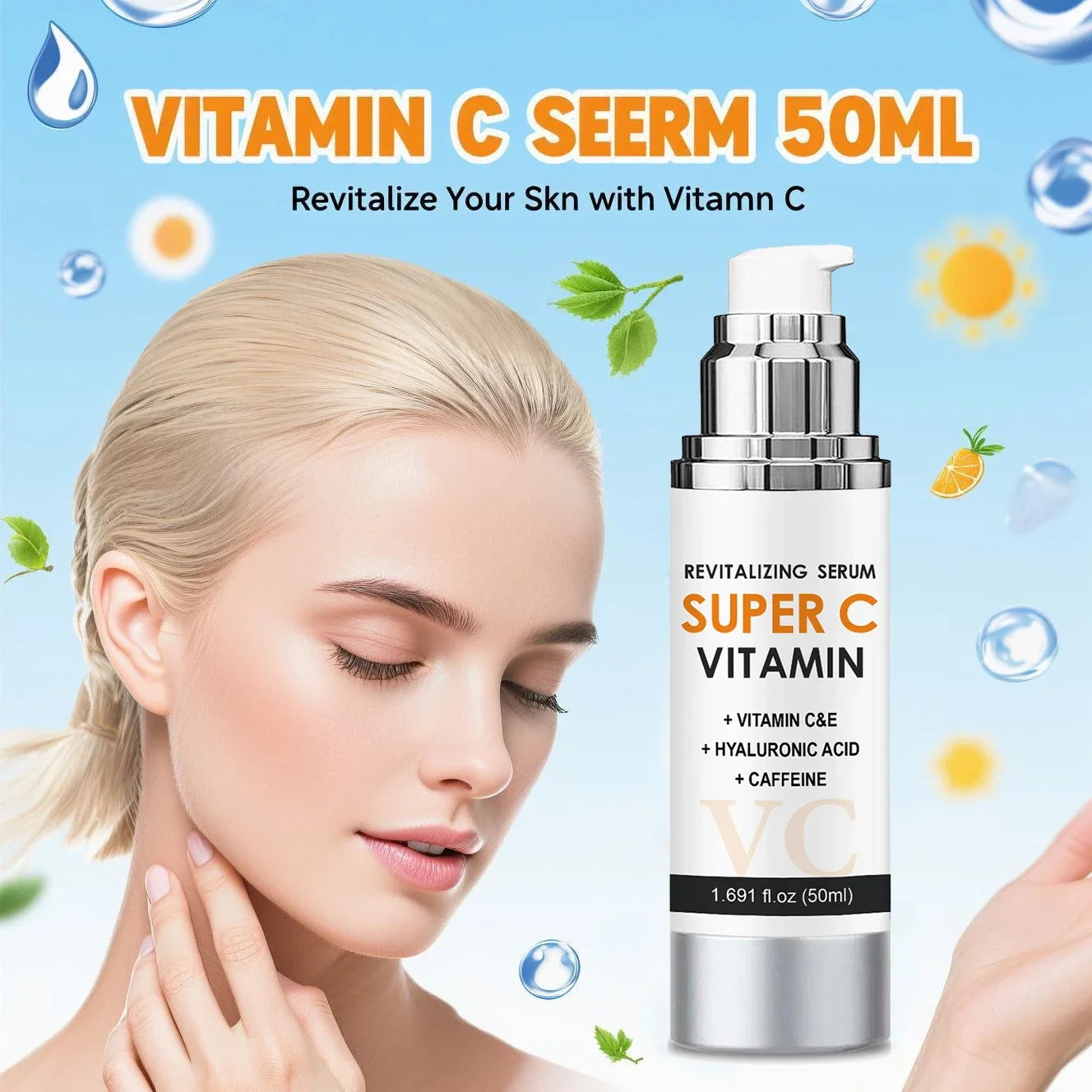 Vitamin C & E Face Serum 50ml - Brightening & Smoothing Care with Hyaluronic Acid & Caffeine for Daily Skin Comfort.