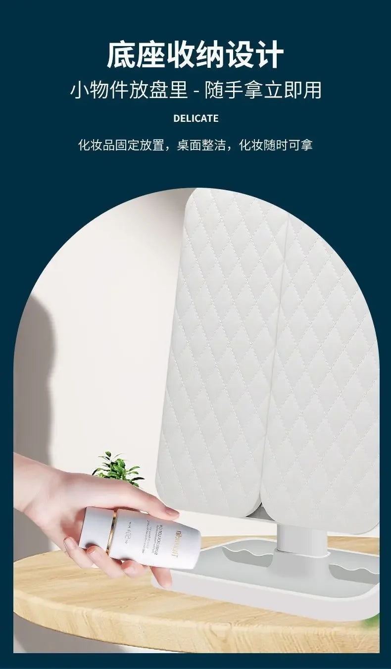 LED Makeup Mirror Desktop with Light, Ins style，Three-sided Folding, Dormitory Desktop, Beauty and Bedroom Dressing Mirror，
