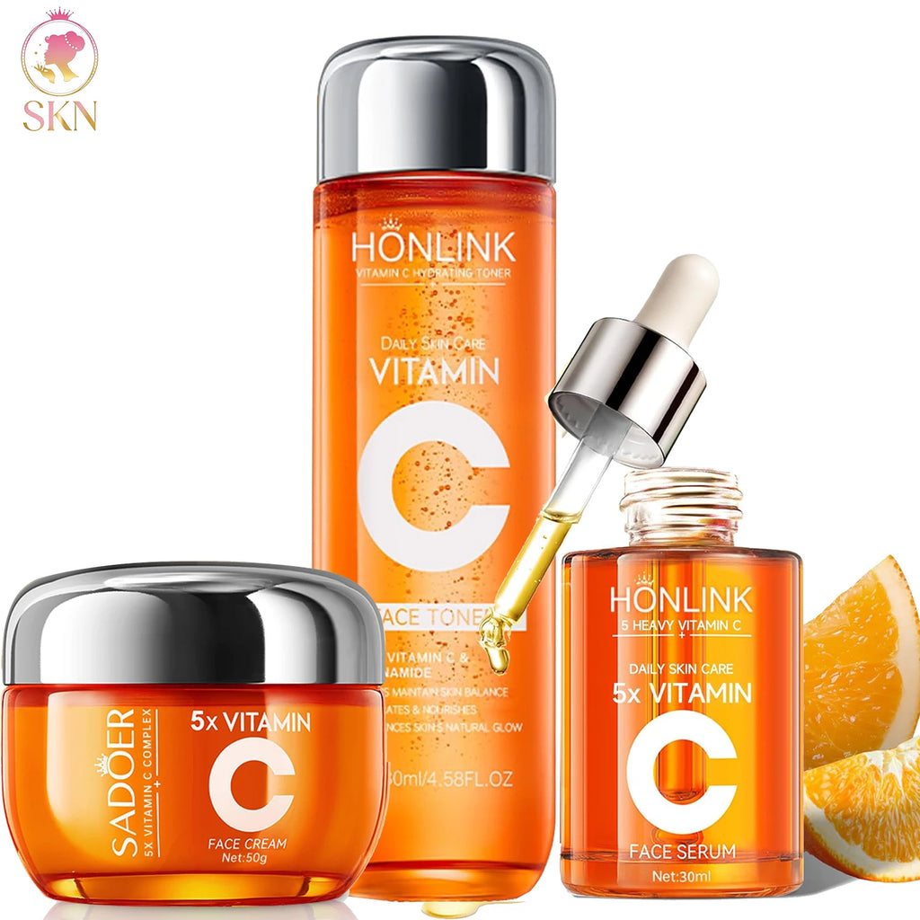 Vitamin C Skincare Travel Skincare Toner+ Serum+Face Cream Moisturizing Brightening Hydrating Facial Serum Face Care Set