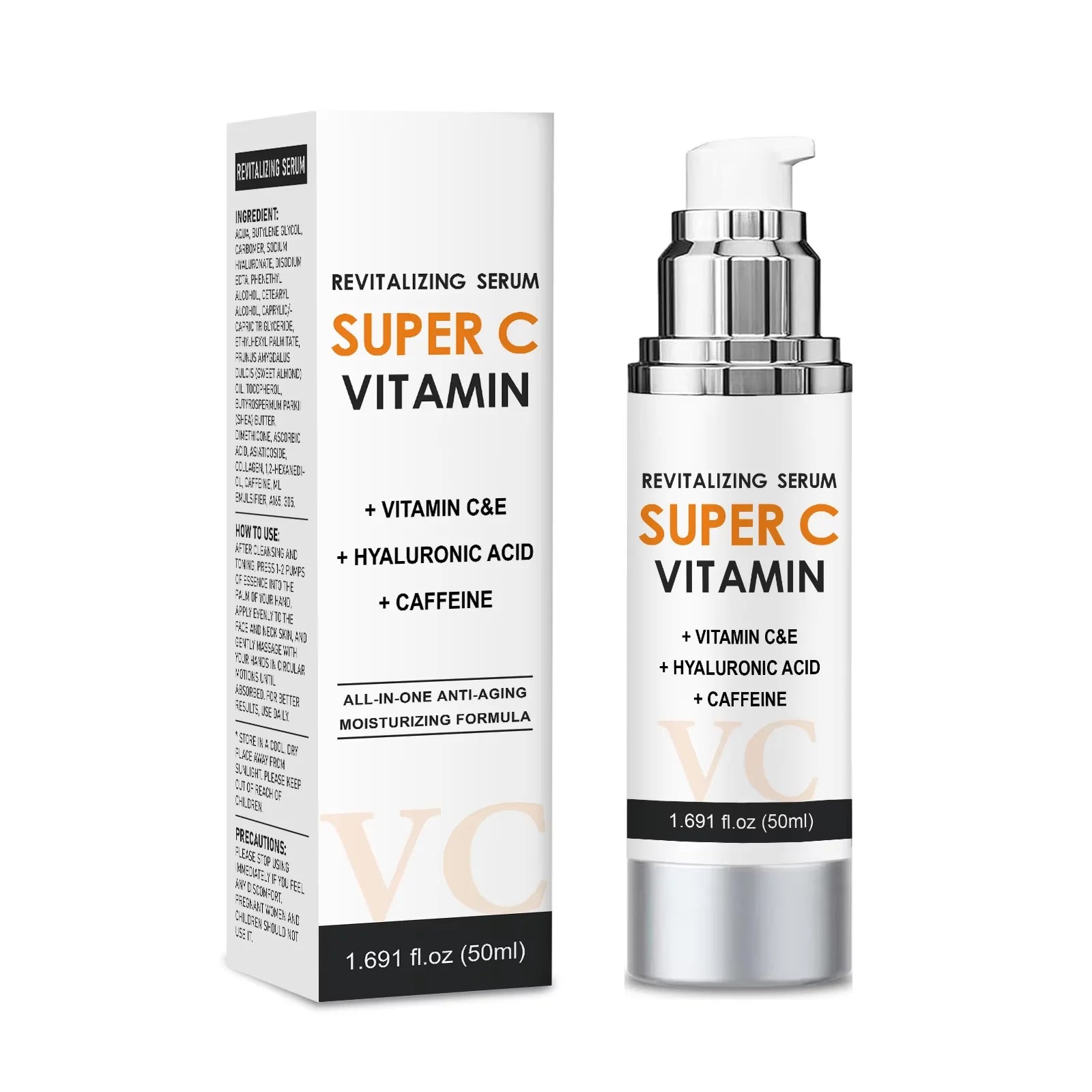 Vitamin C & E Face Serum 50ml - Brightening & Smoothing Care with Hyaluronic Acid & Caffeine for Daily Skin Comfort.
