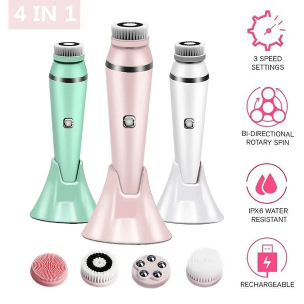 Facial Cleansing Brush 4 in 1 Electric Waterproof Rotating Face Scrubber Cleanser Rechargeable Deep Pore Clean Skin Care Tool