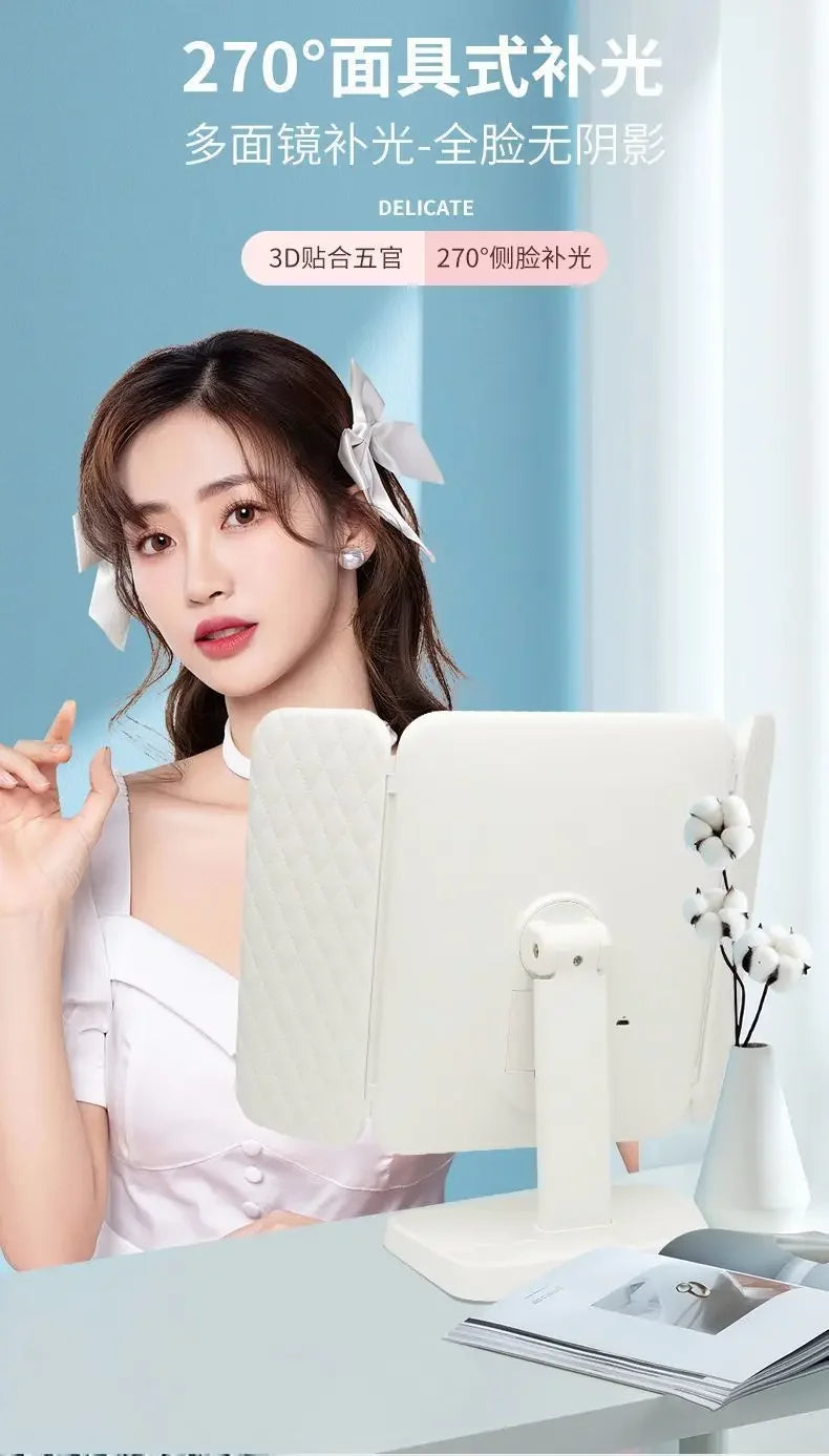 LED Makeup Mirror Desktop with Light, Ins style，Three-sided Folding, Dormitory Desktop, Beauty and Bedroom Dressing Mirror，