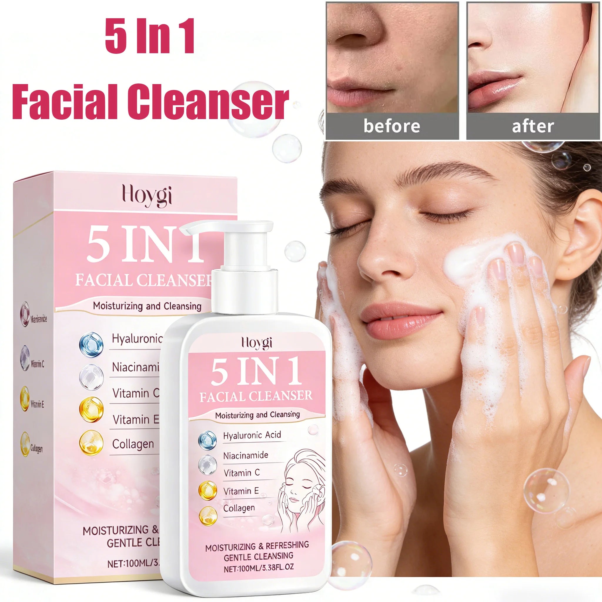 5 in 1 Moisturizing Facial Cleanser Refreshed Cleansing Makeup Remover Brightening Hydrating Light Texture Rich Foam Cleanser