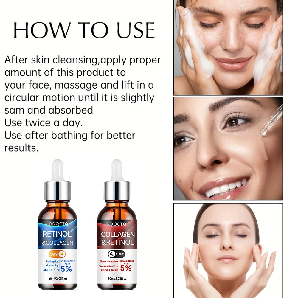 Retinol & Collagen Day Night Repair Serum 2-Pack | 5% Retinol Formula with Hyaluronic Acid | Firming & Hydrating Facial Essence