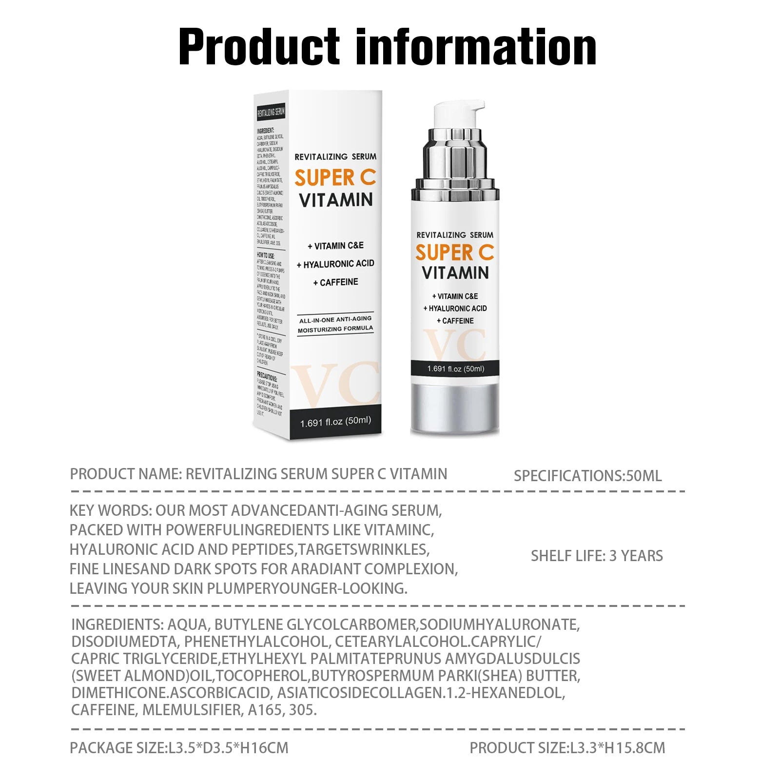 Vitamin C & E Face Serum 50ml - Brightening & Smoothing Care with Hyaluronic Acid & Caffeine for Daily Skin Comfort.