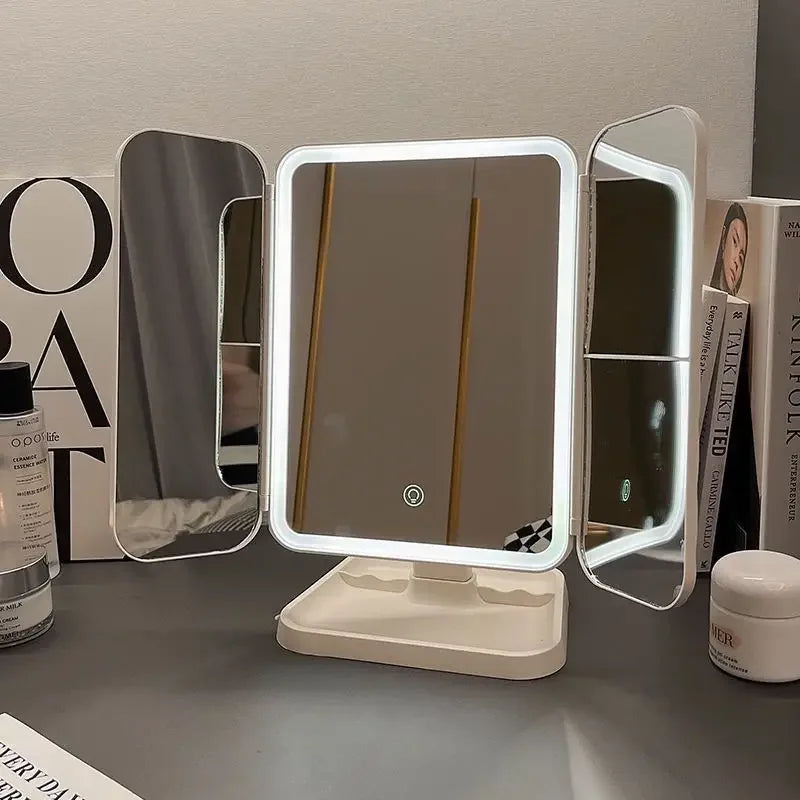 LED Makeup Mirror Desktop with Light, Ins style，Three-sided Folding, Dormitory Desktop, Beauty and Bedroom Dressing Mirror，