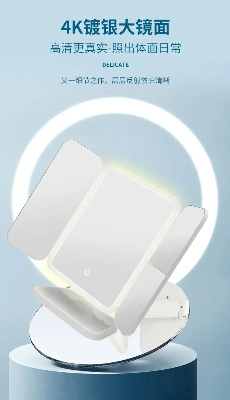 LED Makeup Mirror Desktop with Light, Ins style，Three-sided Folding, Dormitory Desktop, Beauty and Bedroom Dressing Mirror，