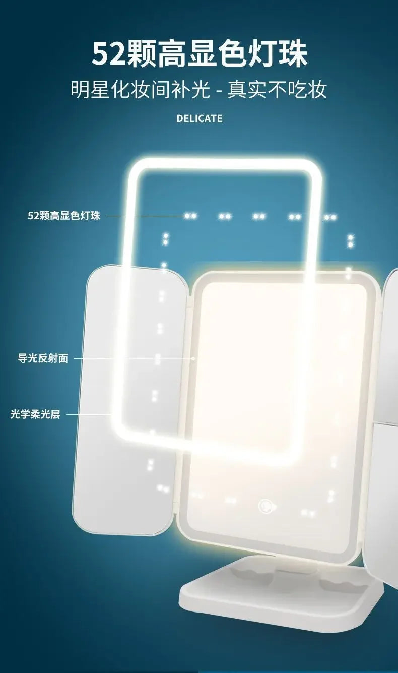 LED Makeup Mirror Desktop with Light, Ins style，Three-sided Folding, Dormitory Desktop, Beauty and Bedroom Dressing Mirror，