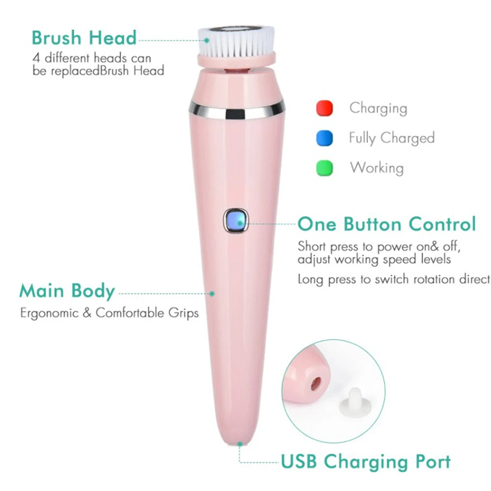 Facial Cleansing Brush 4 in 1 Electric Waterproof Rotating Face Scrubber Cleanser Rechargeable Deep Pore Clean Skin Care Tool