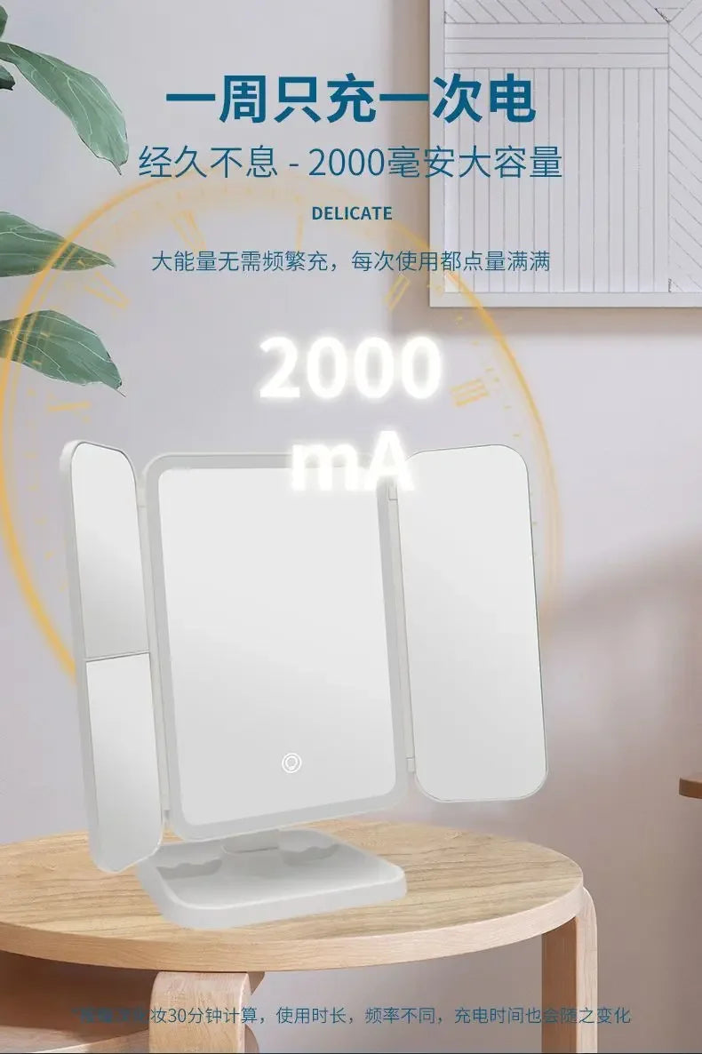 LED Makeup Mirror Desktop with Light, Ins style，Three-sided Folding, Dormitory Desktop, Beauty and Bedroom Dressing Mirror，
