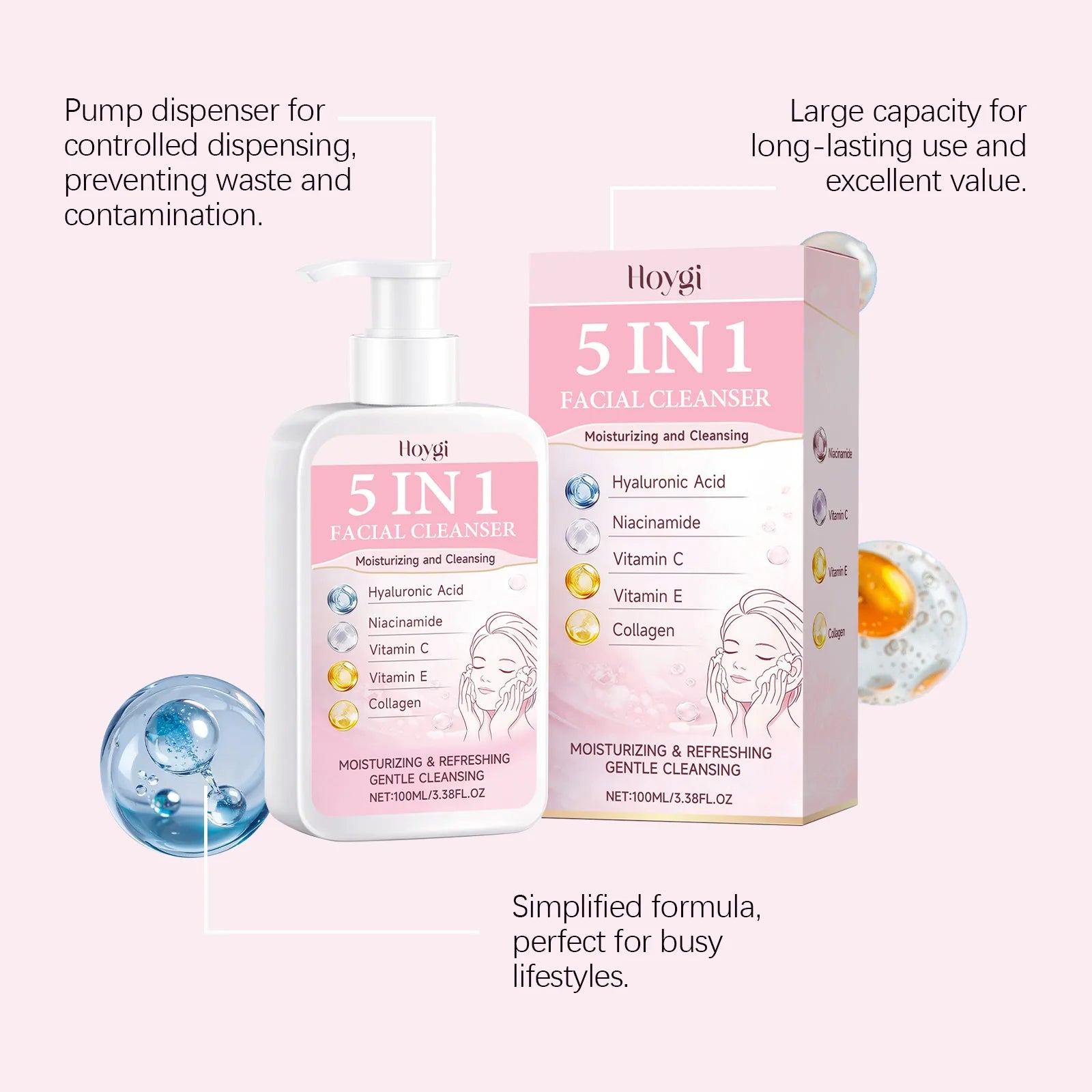 5 in 1 Moisturizing Facial Cleanser Refreshed Cleansing Makeup Remover Brightening Hydrating Light Texture Rich Foam Cleanser