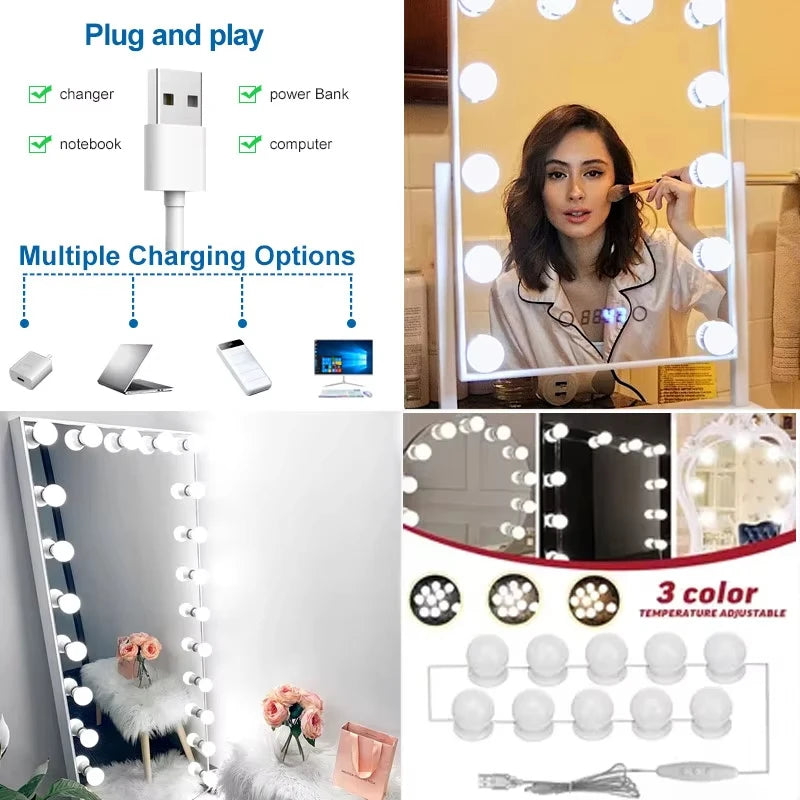 LED Makeup Mirror w/Detachable Lights,USB Powered Hollywood Vanity Mirror,Dressing Table LED Cosmetic Mirror Light for Makeup