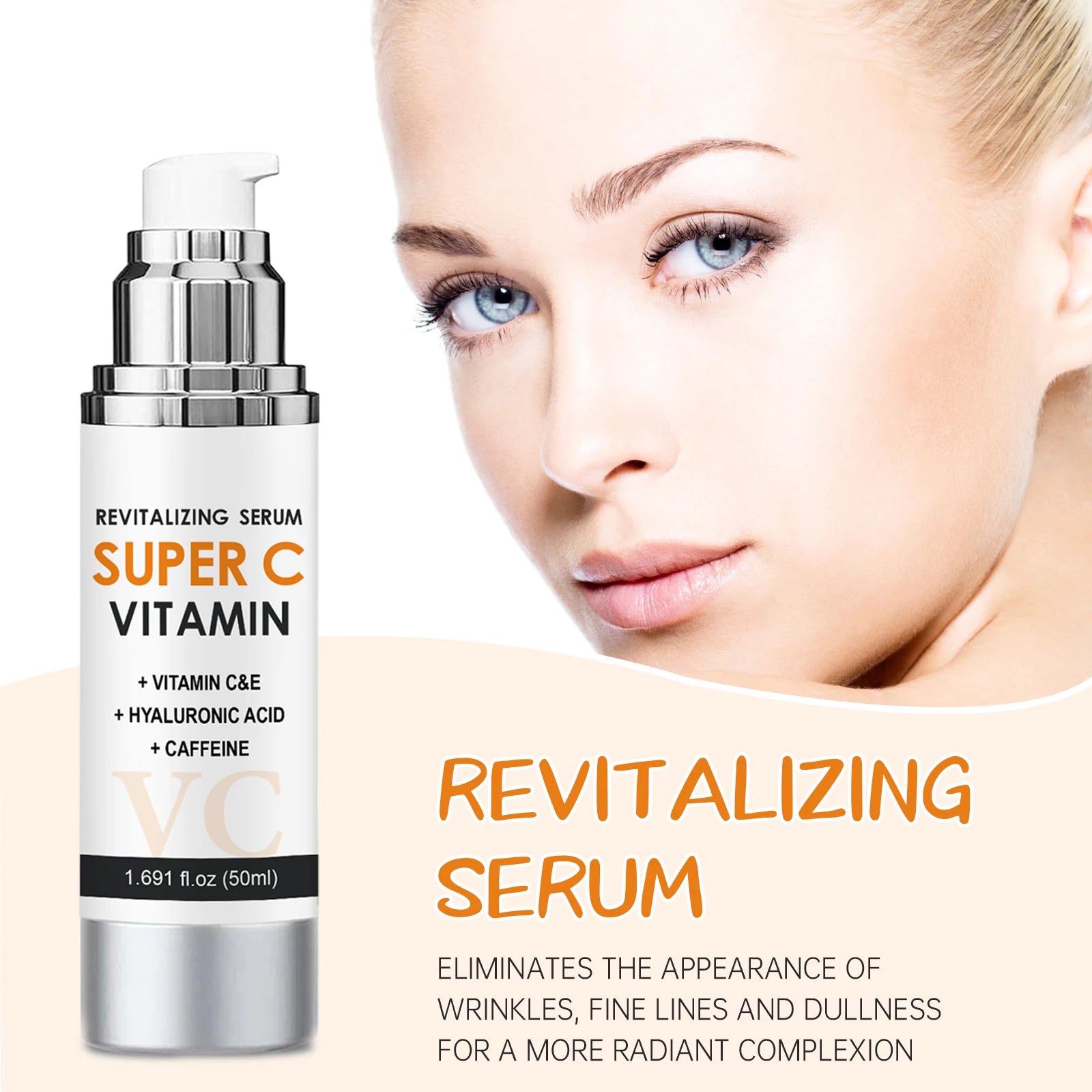 Vitamin C & E Face Serum 50ml - Brightening & Smoothing Care with Hyaluronic Acid & Caffeine for Daily Skin Comfort.