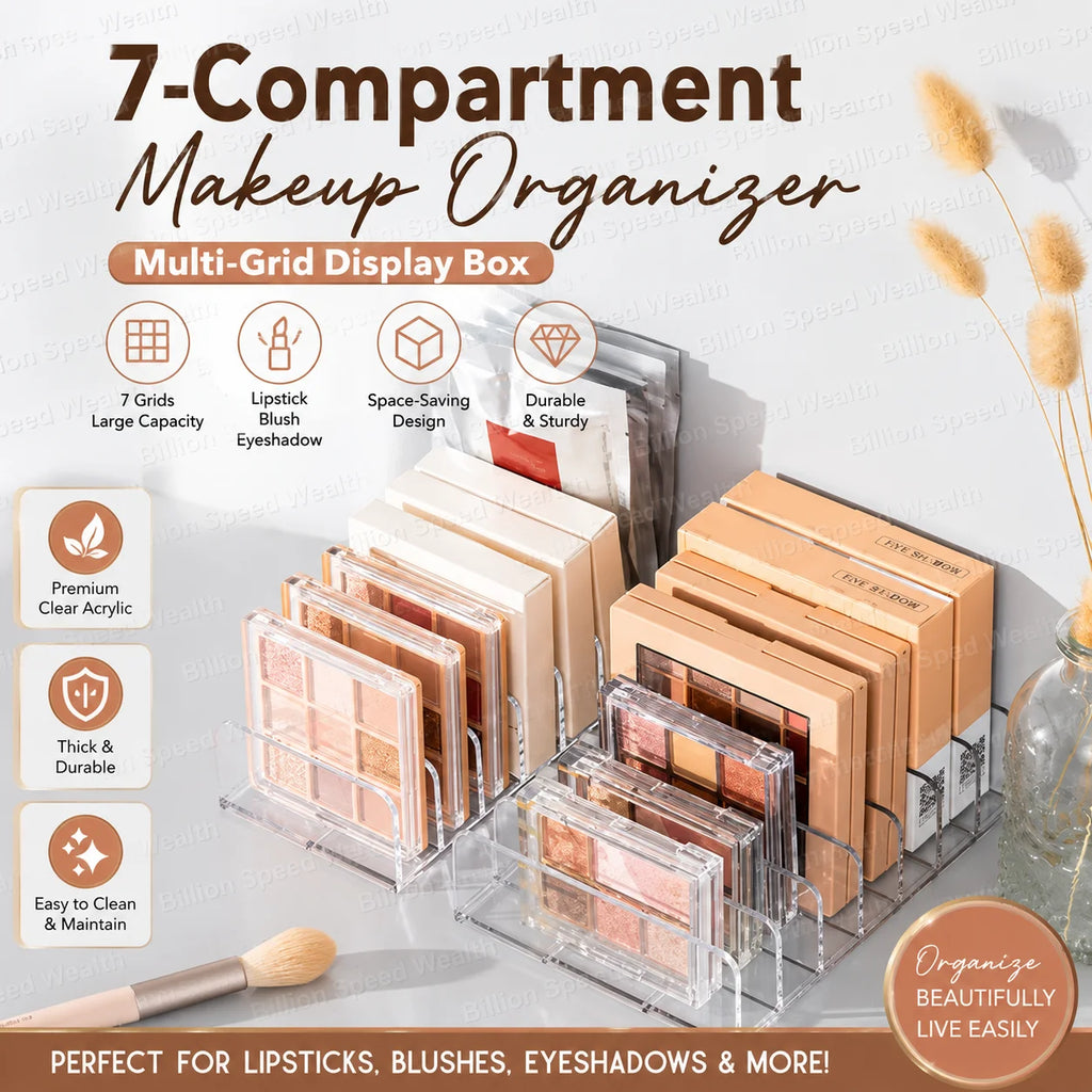 Makeup Organizer Box, 7-Compartment Clear Storage Shelf, Multi-Cell Display for Cosmetics, Blush, Eyeshadow,Space-Saving Durable