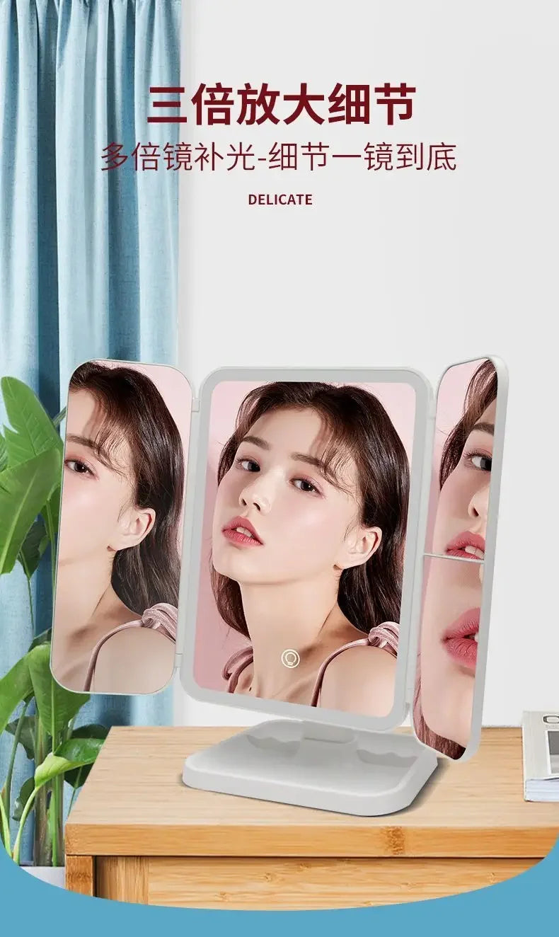 LED Makeup Mirror Desktop with Light, Ins style，Three-sided Folding, Dormitory Desktop, Beauty and Bedroom Dressing Mirror，